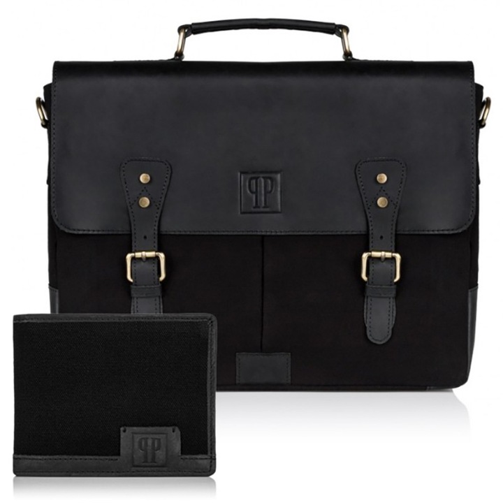 Táska és pénztárca készlet, Paolo Peruzzi, Természetes bőr, Fekete