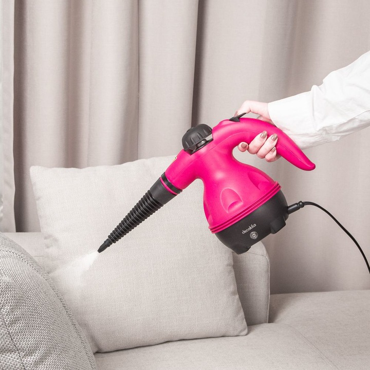 Aparat pentru curatat cu aburi Decakila, 1000 W, 10 accesorii incluse, Roz