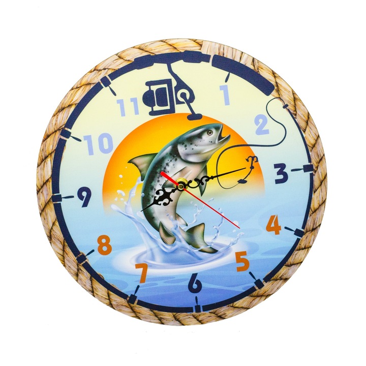 Ceas perete lemn, rotund, 30 cm, Pentru pescari, peste