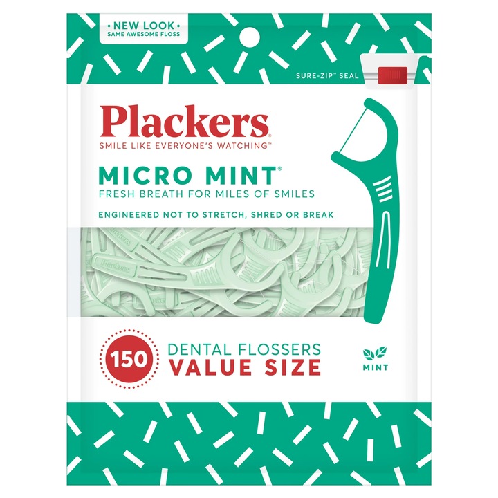 Комплект конци за зъби, Plackers, Micro Mint, Тип клечка за зъби, Бързо почистване, Восък за лесно приплъзване, Устойчиви влакна, 150 бр.