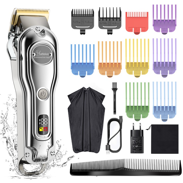 Kit aparat de tuns si accesorii, Hatteker, Lame otel, Afisaj LED, Rezistent la apa, Argintiu