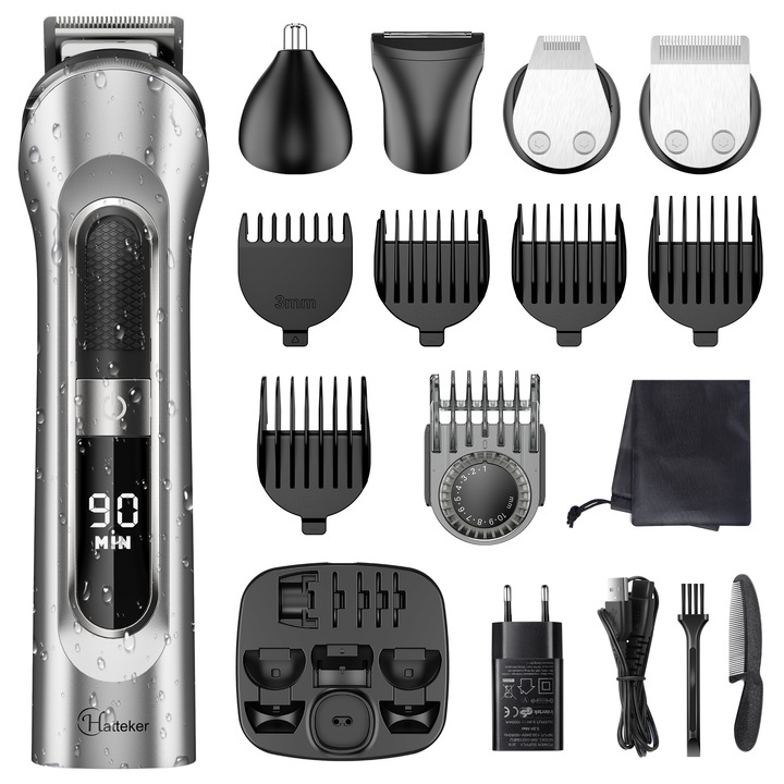 Kit aparat de tuns si accesorii, Hatteker, Lame otel, Afisaj LED, USB, Argintiu/Negru