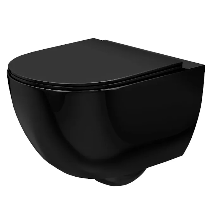 Rea Carlo Mini Flat Black falra szerelhető WC csésze, fényes fekete