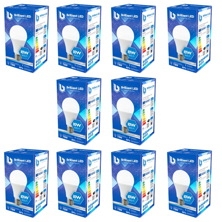 Комплект от 10 броя, LED крушка A60 Brilliant LED, E27, 10W, 75W, 800LM, G, студена светлина 6500K, мат