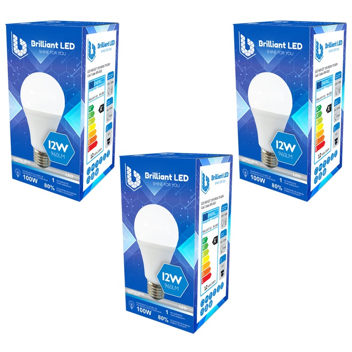 3 db-os készlet - Brilliant LED izzó, 12W (100W), 960lm, hideg fény 6500k, 175-265V, E27