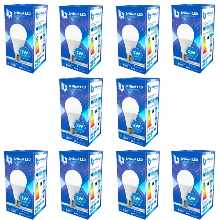 Комплект от 10 броя LED крушки Brilliant, 12W (100W), 960lm, студена светлина 6500k, 175-265V, E27
