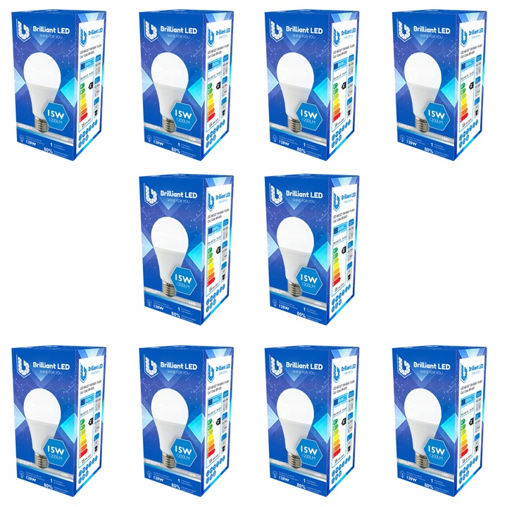 Комплект крушки Brilliant LED, 10 броя, 15 W, Равностойност на 120 W, 1200 lm, Студена светлина 6500k, 175-265 V, E27