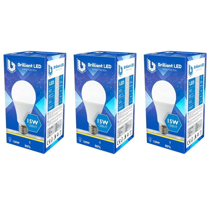 Set 3 Buc - Bec Brilliant LED, 15W (120W), 1200lm, lumina calda 3000k, 220V, E27