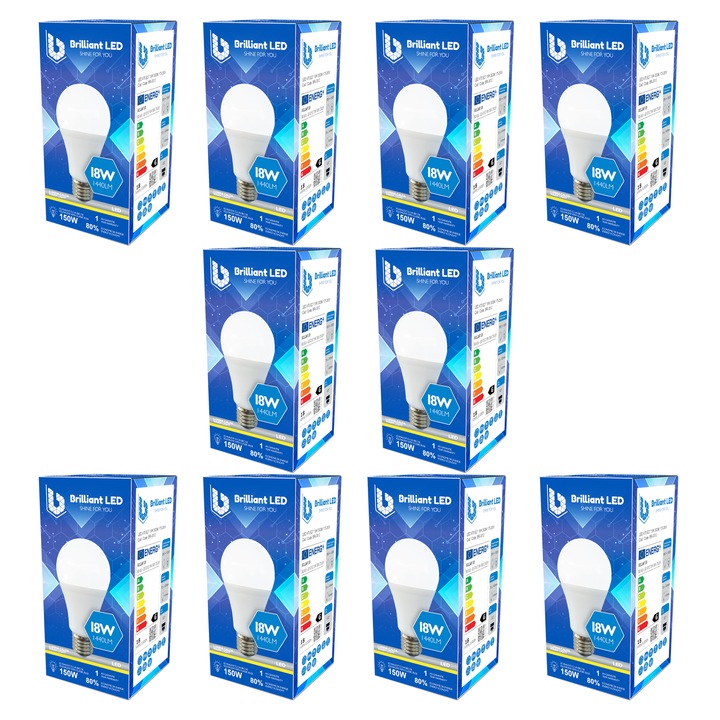 10 db-os készlet - Brilliant LED izzó, 18W (150W), 1440lm, meleg fény 3000k, 220V, E27
