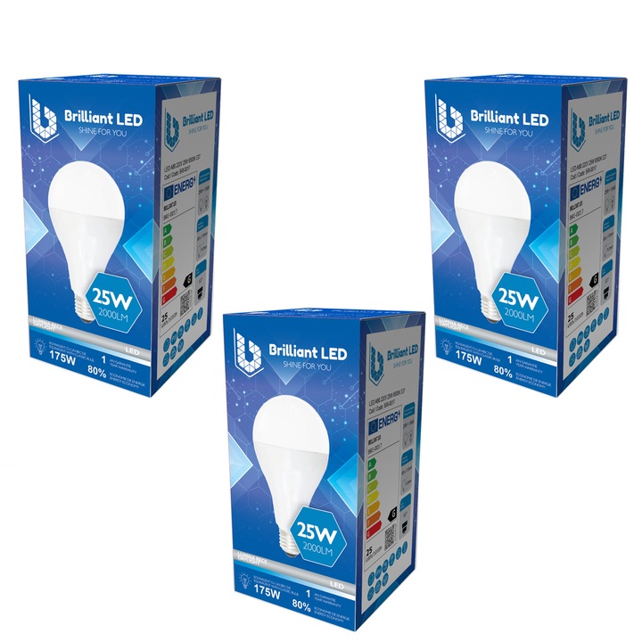 Комплект LED крушки Brilliant LED, A80, E27, 25W (175W), 2000LM, G, Студена светлина 6500K, 3бр., Матов