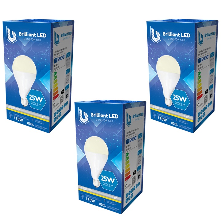 Комплект от 3 броя - A80 Brilliant LED LED крушка, E27, 25W (175W), 2000LM, G, топла светлина 3000K, мат