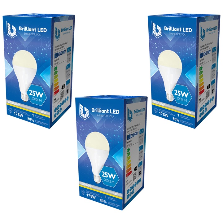 Set 3 Buc - Bec LED A80 Brilliant LED, E27, 25W (175W), 2000LM, G, lumina calda 3000K, Mat