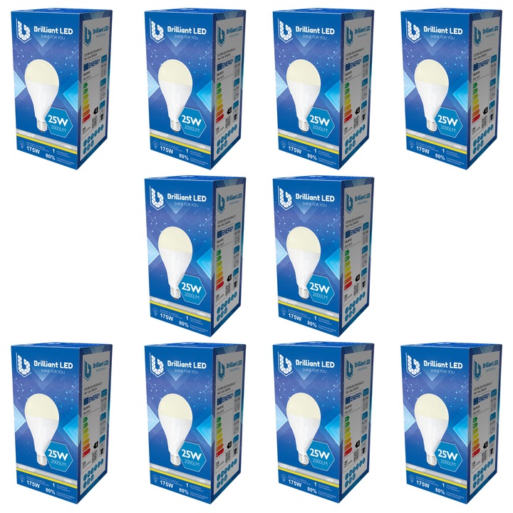 Set 10 Buc - Bec LED A80 Brilliant LED, E27, 25W (175W), 2000LM, G, lumina calda 3000K, Mat