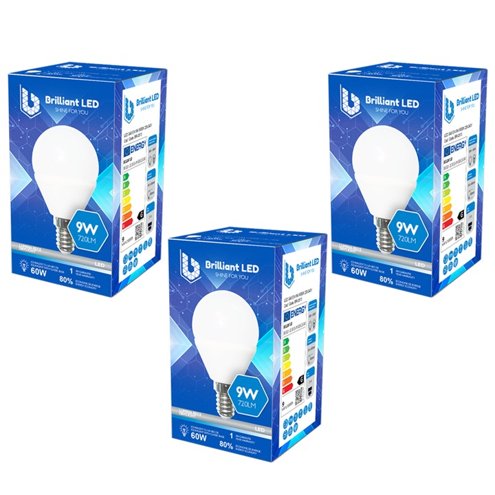Set 3 Buc - Bec sferic Brilliant LED, 9W (60W), 720lm, lumina rece 6500k, 220V, E14
