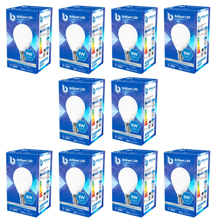 Комплект от 10 броя - Brilliant LED сферична крушка, 9W (60W), 720lm, студена светлина 6500k, 220V, E14