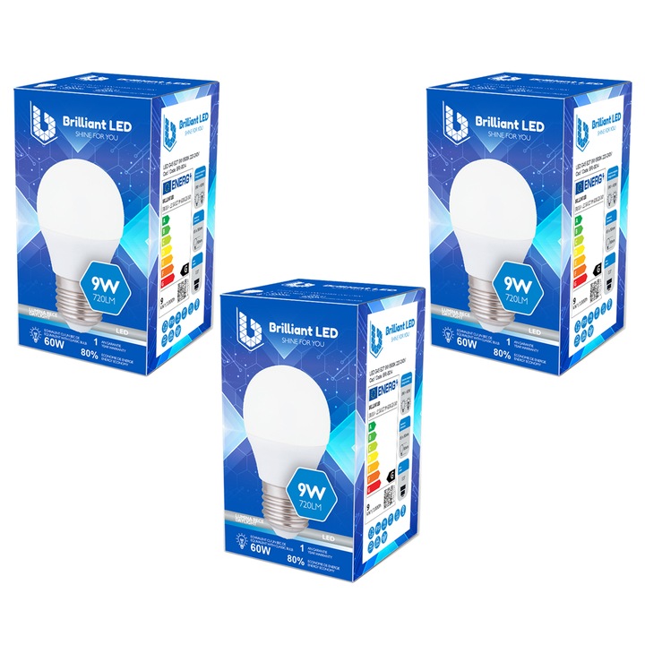 Set 3 Buc - Bec sferic Brilliant LED, 9W/60W, 720lm, lumina rece 6500k, 220V, E27