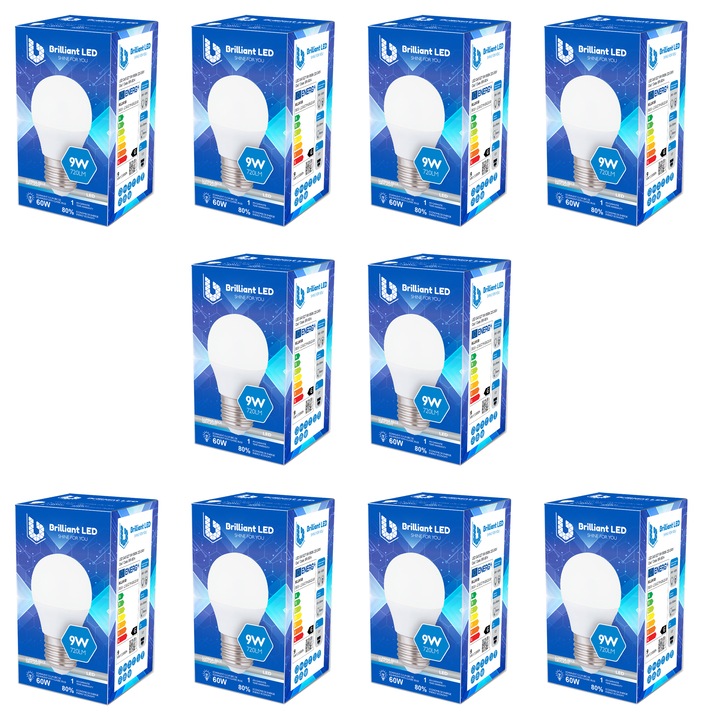 Комплект от 10 бр. - Сферична LED крушка Brilliant, 9W/60W, 720lm, студена светлина 6500k, 220V, E27