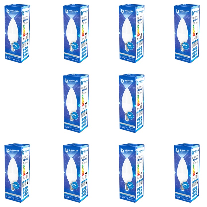 Set 10 Buc - Bec lumanare Brilliant LED, 9W (60W), 720lm, lumina rece 6500k, 220V, E14