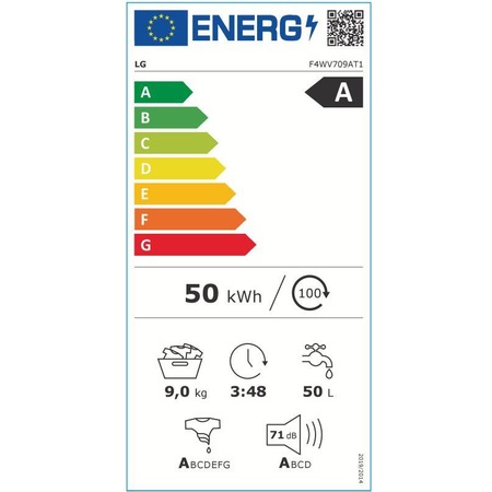 Masina de spalat rufe frontala LG F4WV709AT1, 9 kg, clasa A, 1400 rpm, ThinQ, alb