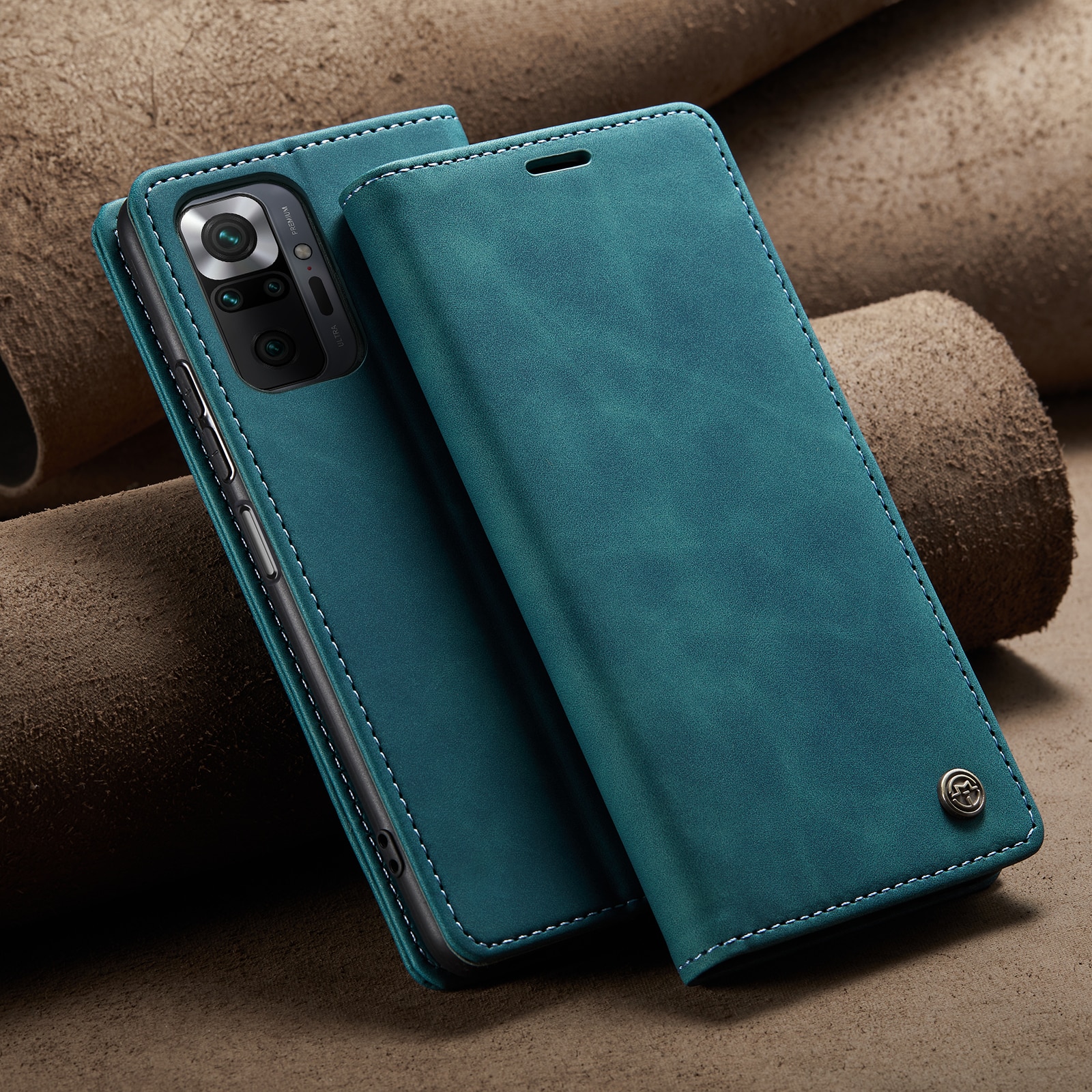 Husa pentru Xiaomi Redmi Note 10 Pro CaseMe, slim, piele, tip portofel, stand, inchidere magnetica, suport carduri, textura catifelata, Albastru verzui