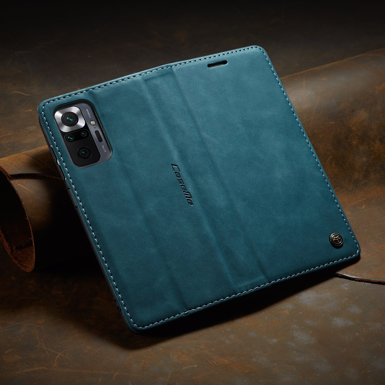 Husa pentru Xiaomi Redmi Note 10 Pro CaseMe, slim, piele, tip portofel, stand, inchidere magnetica, suport carduri, textura catifelata, Albastru verzui