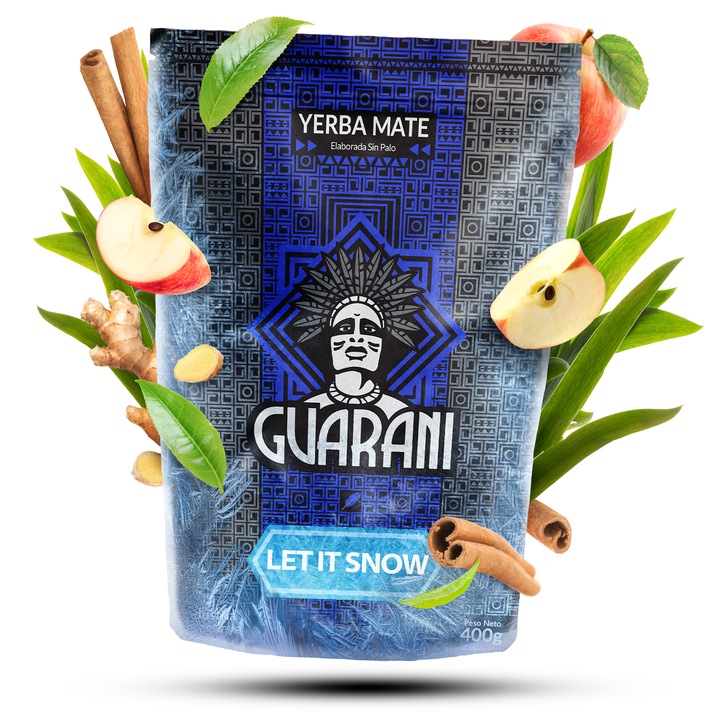 Yerba Mate, Let It Snow, Guarani, Paraguayi Füstölt, Energizáló Tartalmaz port és ágacskákat, Tökéletes melegen és hidegen fogyasztva, 400g