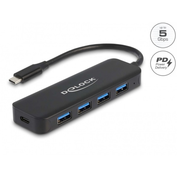 DELOCK USB 3.2 Gen 1 Type-C HUB 4 portos Power Deliwery 85 Watt