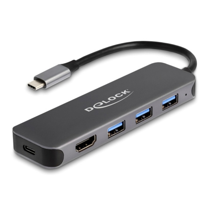 USB-C хъб, Delock, 5Gbps, HDMi/USB 3.2, 85W, сив