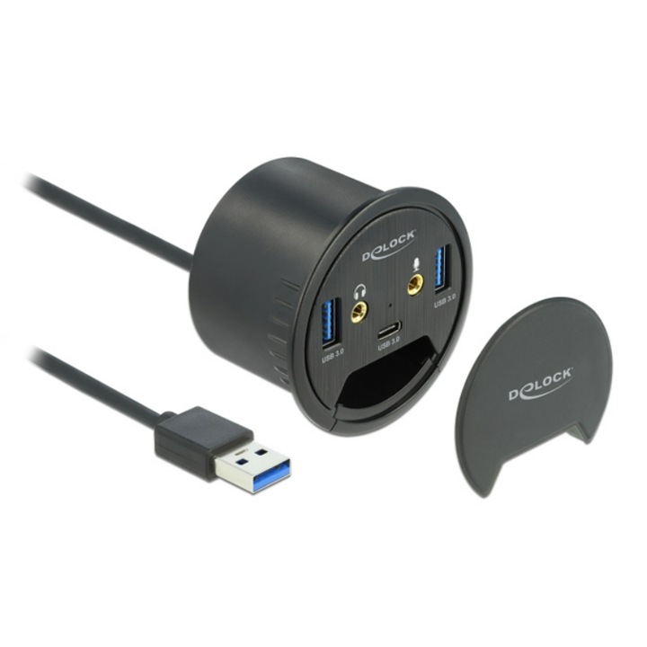 USB хъб, Delock,, 2xUSB 3.2/USB-C/2x3.5mm, 5Gbps, 60mm, черен