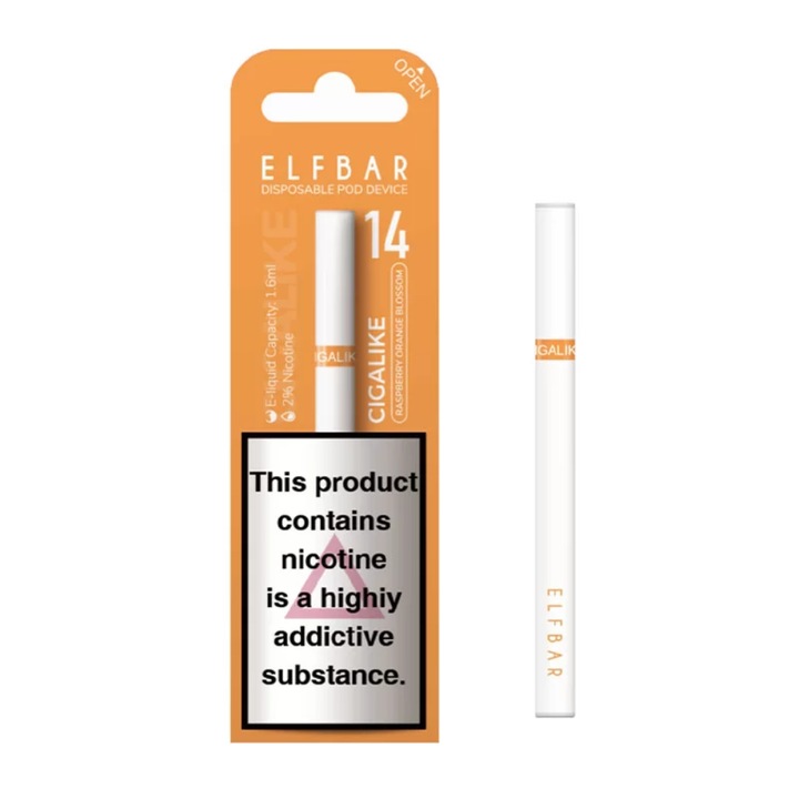 Tigara electronica Elfbar Cigalike aroma Zmeura cu floare de portocala 400 pufuri cu nicotina 2%, Vape bar de unica folosinta