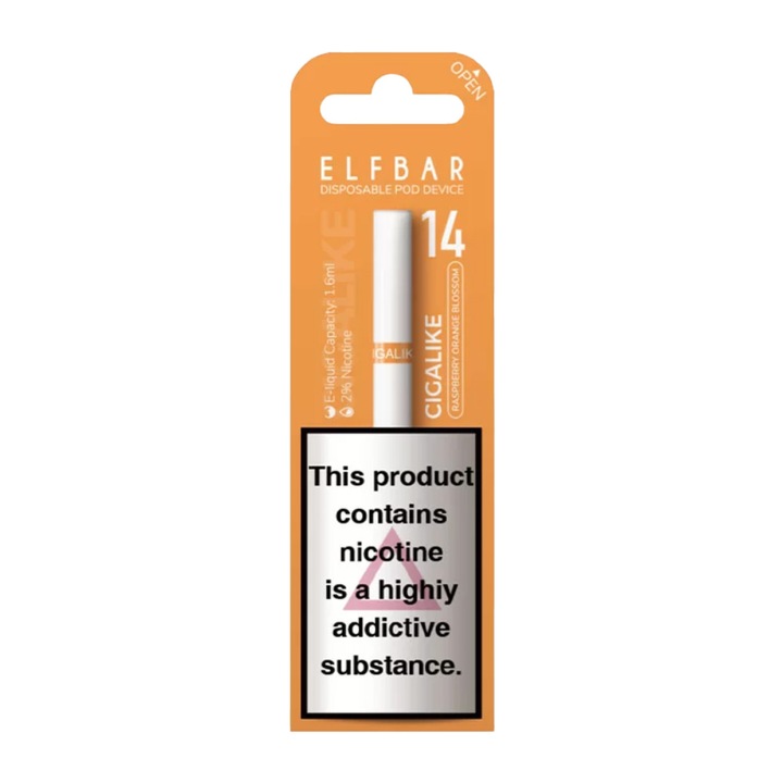 Tigara electronica Elfbar Cigalike aroma Zmeura cu floare de portocala 400 pufuri cu nicotina 2%, Vape bar de unica folosinta