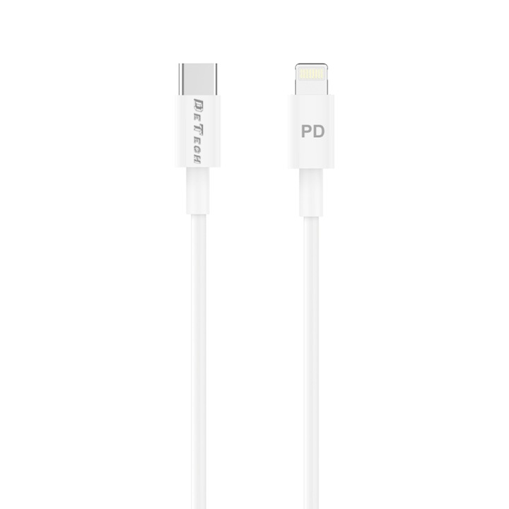 Adat- és töltőkábel, Type-C - Lightning típusú csatlakozó, Detech DE-C29PDL, kompatibilis iPhone Apple készülékkel, Gyorstöltés 18W