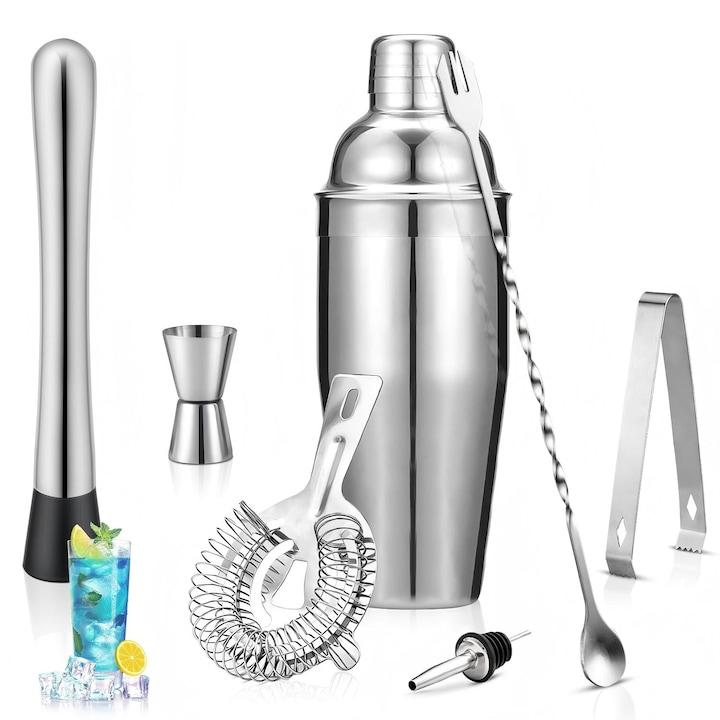 Set de Barman pentru Bauturi, BYONDSELF®, 7 piese, Cocktail Shaker de 750 ml, Pahar Masura, Cleste Gheata, din Otel Inoxidabil, Kit pentru Barmani, pentru Casnic sau Bar, Argintiu