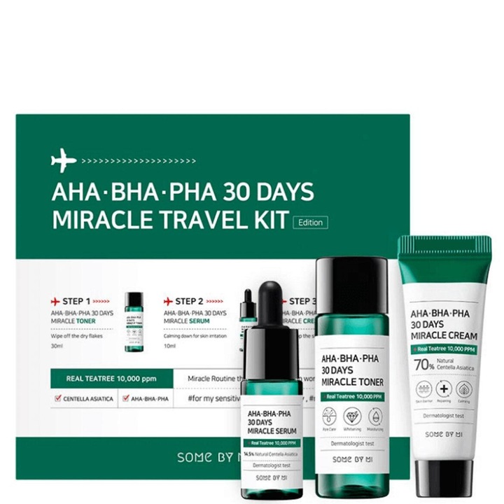 Somebymi комплект за лечение на акне, Aha Bha Pha 30 Days Miracle Travel Kit - Тоник за лице, 30 ml, Серум за лице, 10 ml, Крем за лице, 20 g