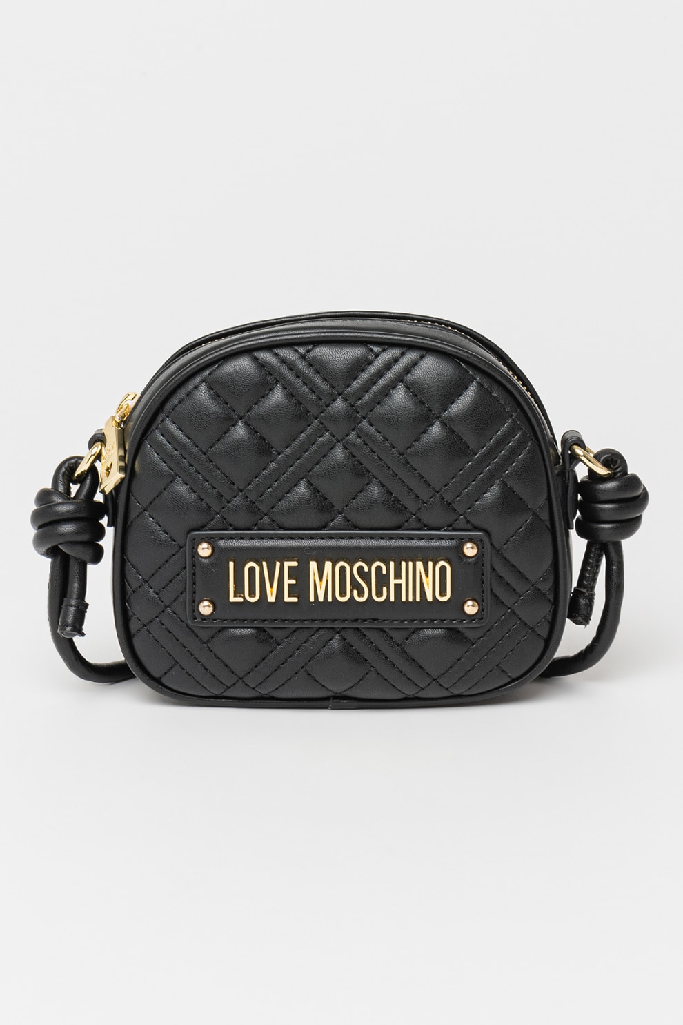 Love Moschino, Geanta crossbody de piele ecologica cu logo metalic si model matlasat, Negru