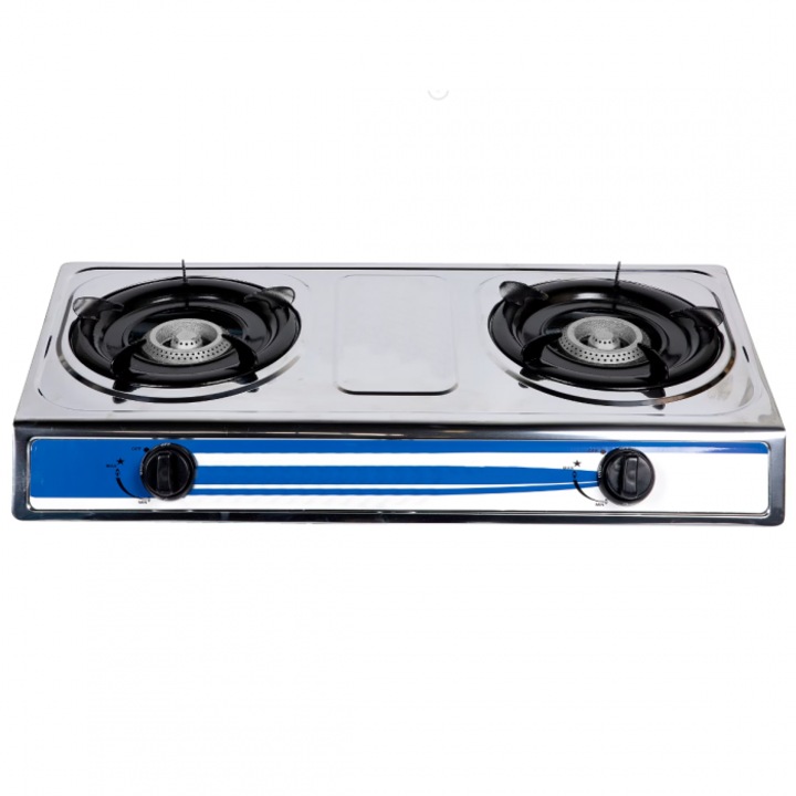 Преносим газов котлон от неръждаема стомана с 2 чугунени горелки, мощност 2.5 kW, размери 71.5x38x9.4 см, работа с пропан-бутан, компактен и ефективен дизайн, идеален за бързо готвене в кухнята, автоматично запалване