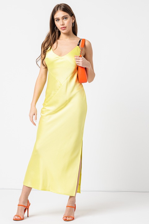 HUGO, Сатинирана рокля Kasra с цепка встрани, Жълт
