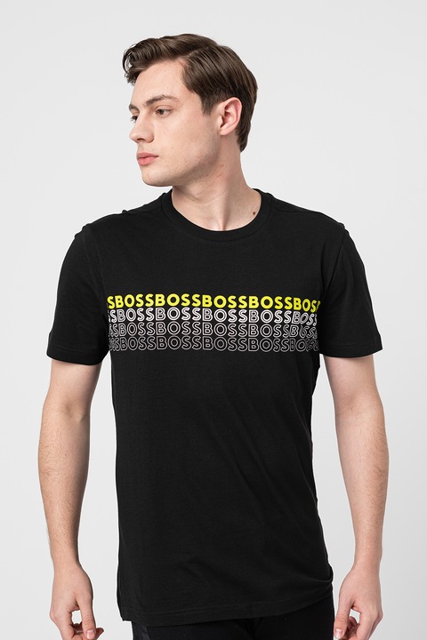 BOSS, Тениска с овално деколте и лого, Черен