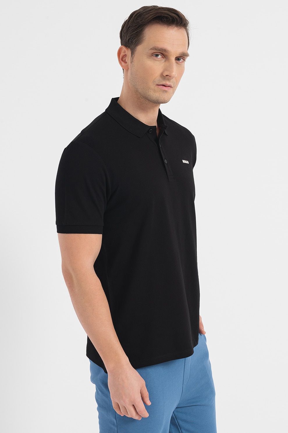 HUGO, Tricou polo din bumbac pique Donos, Negru stins, S