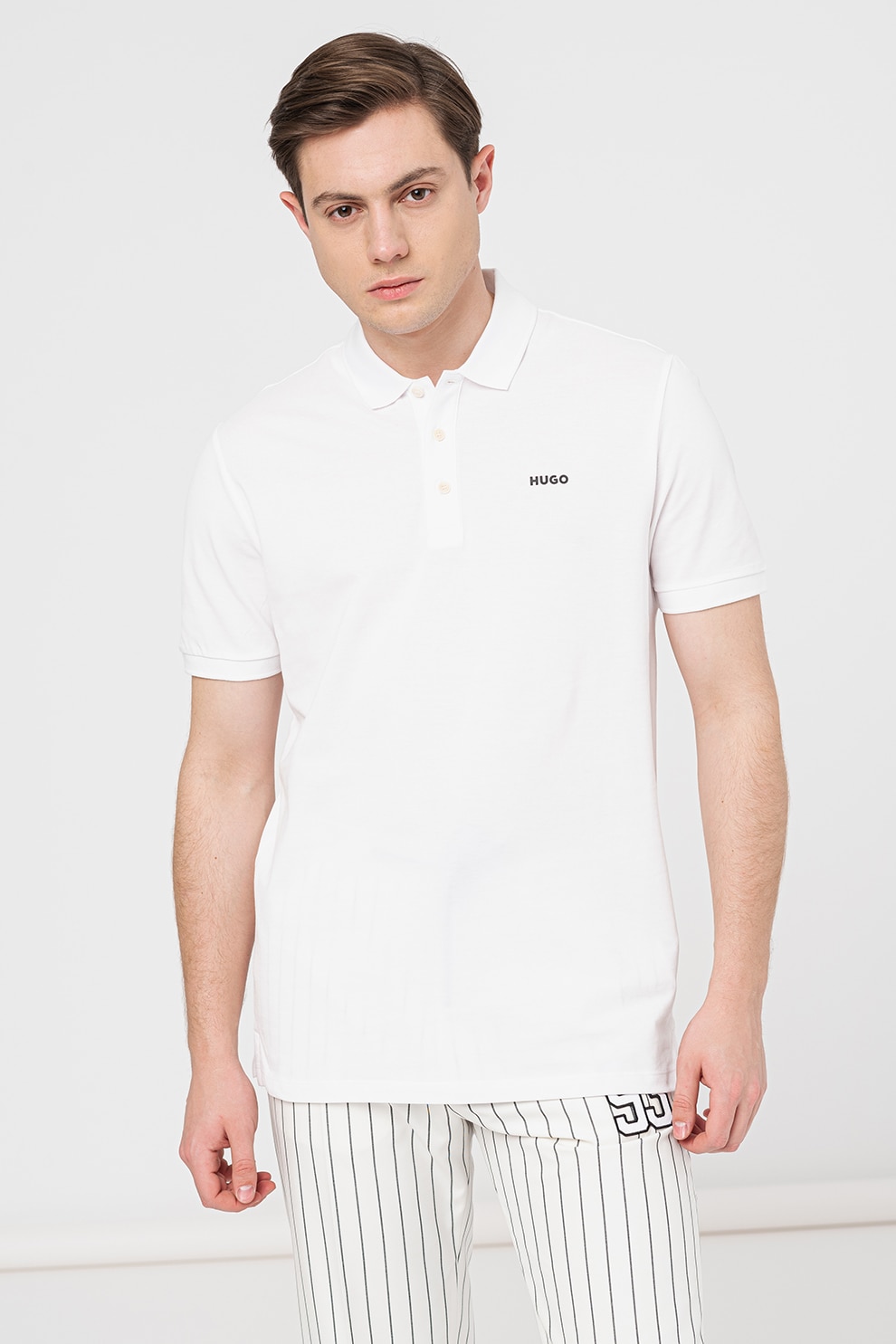 HUGO, Tricou polo din bumbac pique Donos, Alb murdar, S