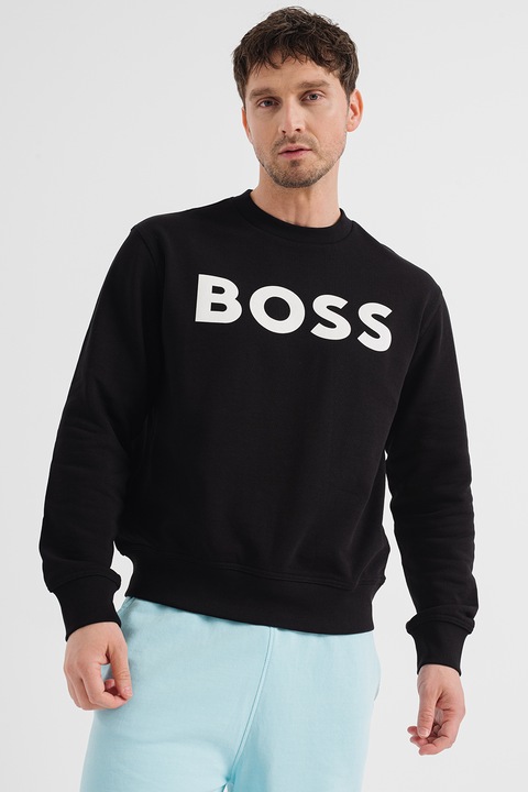 BOSS, Bluza de trening relaxed-fit cu imprimeu logo cauciucat Basic, Negru
