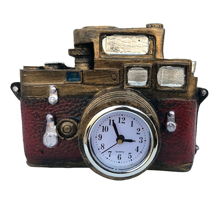 Pusculita din rasina in forma de aparat foto, cu ceas, Rosu antichizat, 16x12 cm