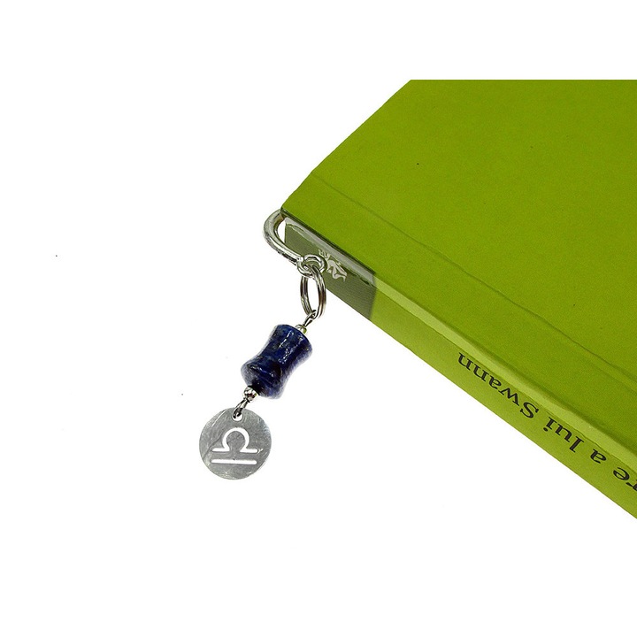 Semn de carte metalic pana zodia Balanta cu lapis-lazuli, GlamBazaar