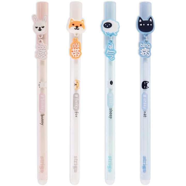 Комплект от 4 химикалки, Strigo, Hashtag, с изтриваемо синьо мастило, дебелина на върха 0,5 мм