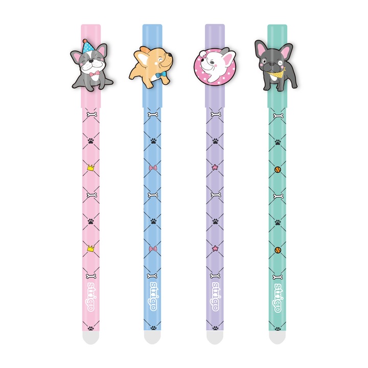 Комплект от 4 химикалки, Strigo, Catelusi, с изтриваемо синьо мастило, дебелина на върха 0,5 мм