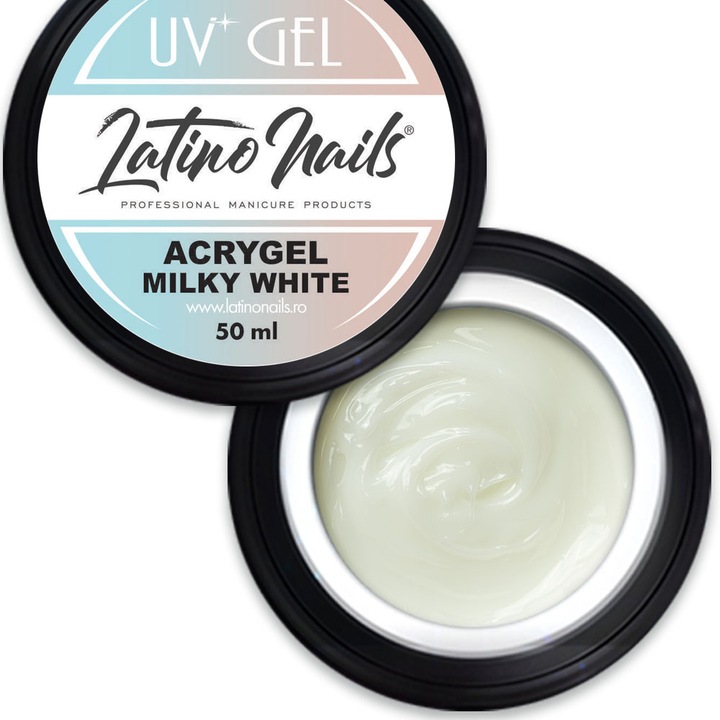 Gel de unghii Acrygel Milky White, Latino Nails, pentru babayboomer, manichiura slim, constructie sau intretinere, alb, 50 ml