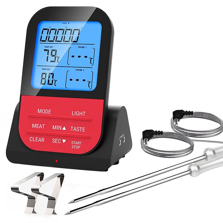 Цифров термометър за храна, Vaxiuja, 2 сонди от неръждаема стомана, LCD екран, функция таймер, -20°C ~ +300°C, Червен/Черен