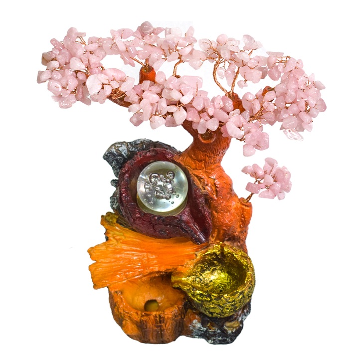 Фън Шуй дърво с полускъпоценни розови кварцови камъни, керамична стойка, фонтан, Naimeed D3009-розово