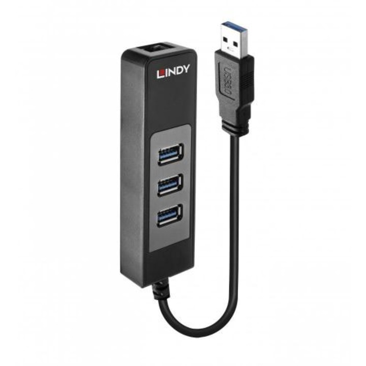 ХЪБ USB Lindy LY-43176, 3x USB 3.0, 1x RJ45, Черен