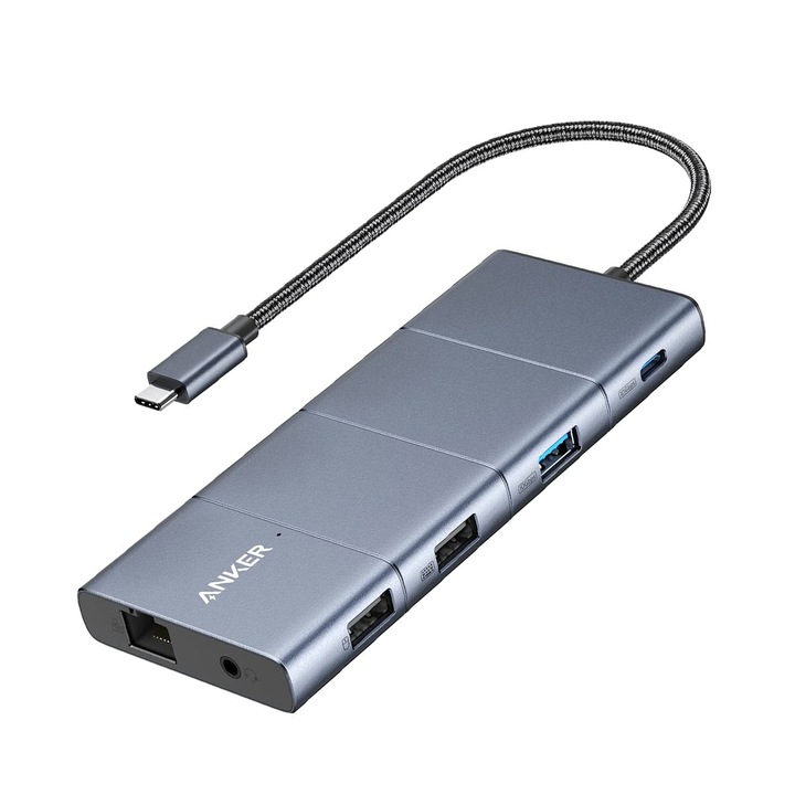 Hub Anker, USB-C, 10 Gbps USB-C & USB-A портове, 4K HDMI, 100W PD, 2 USB 2.0 данни, microSD и SD